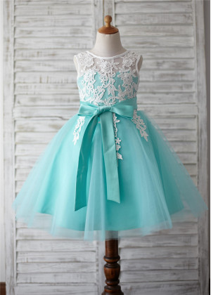 Turquoise Tulle Ivory Lace V Back Knee Length Flower Girl Dress  Turquoise Tulle Ivory Lace V Back Knee Length Flower Girl Dress